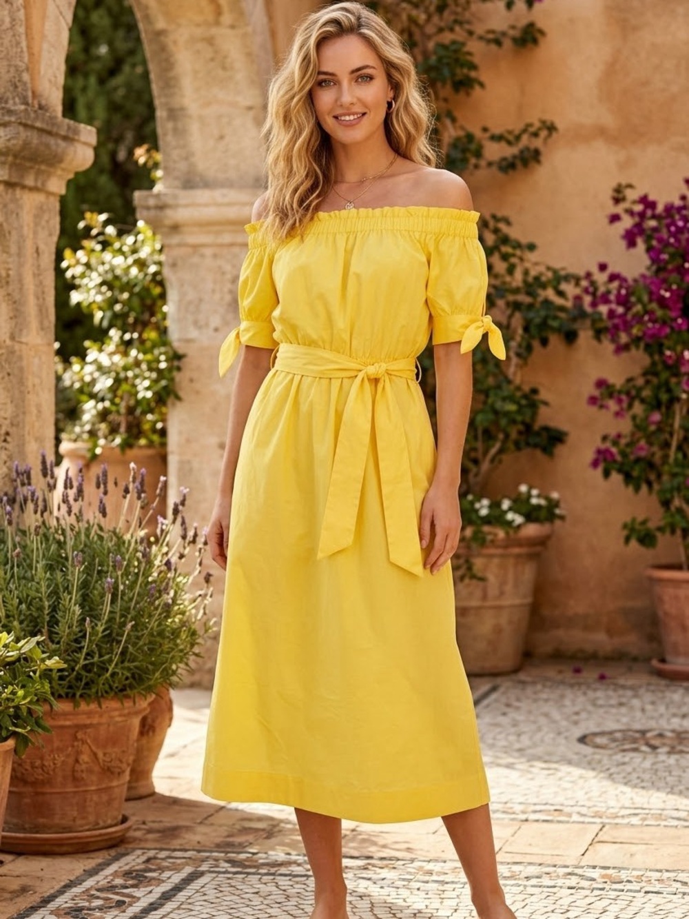 JCrew Women Off-The-Shoulder Tie-Waist Midi Yellow Dress Size 6T Tall Sundress